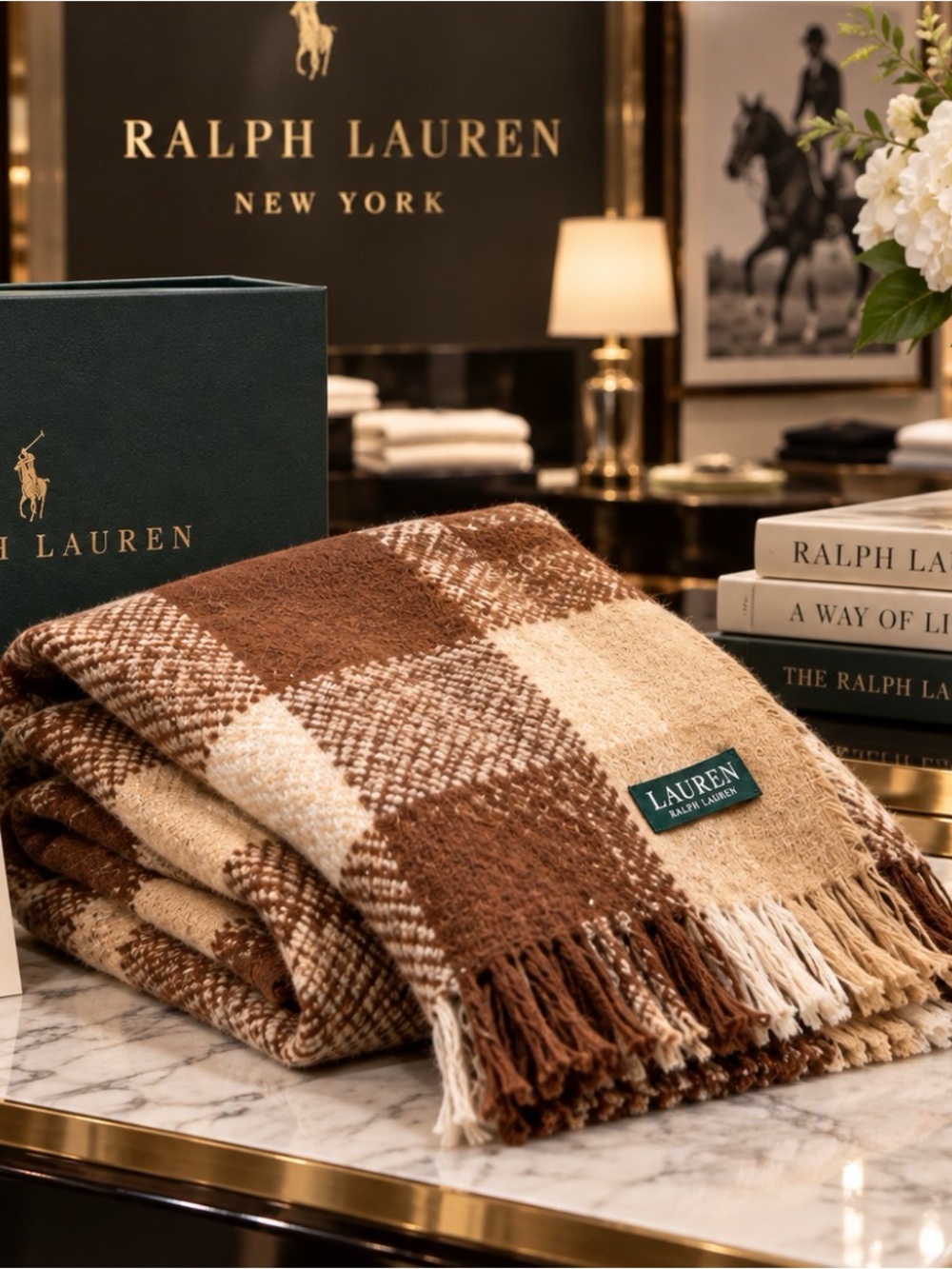 Ralph Lauren Brown and Cream Plaid Fringe Throw